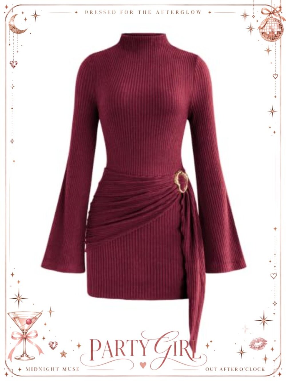 Mock Neck Ribbed Mini Dress Bell Sleeve Bodycon Ruched Waist